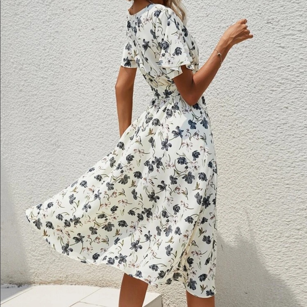 Boho floral flutter sleeve belted A line dress - Picture 7 of 16